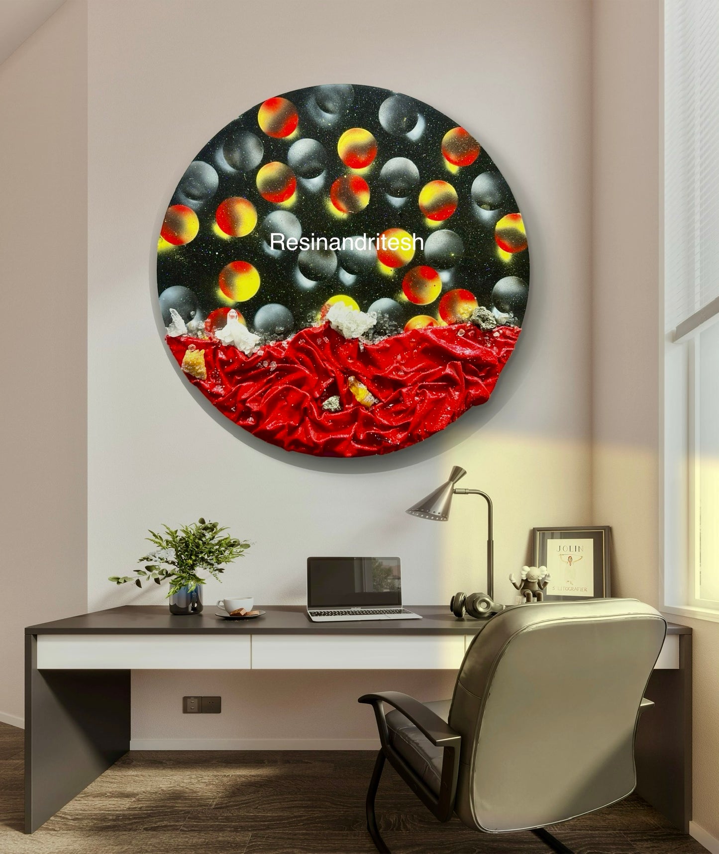 a desk with a chair and a painting on the wall