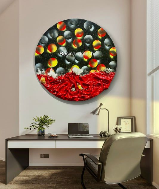a desk with a chair and a painting on the wall